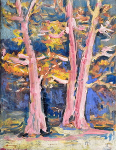 Werkverzeichnis Nr. 1270, um 1982, Bäume in Pink, Öl auf Karton, 48,6 x 37,5 cm