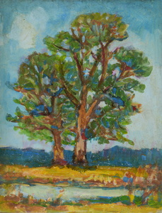 Werkverzeichnis Nr. 1272, um 1982, Zwei Bäume an einem Gewässer, Öl auf Karton, 48,8 x 37,7 cm