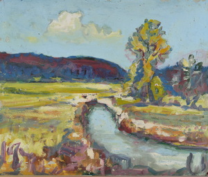 Werkverzeichnis Nr. 1241, um 1982, Wassergraben in einer Mooslandschaft, Acryl auf Karton, 54,3 x 64,9 cm