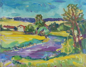 Werkverzeichnis Nr. 1250,  1982, Häuser an einem Fluss in hügeliger Landschaft, Öl auf Hartfaser, 56,4 x 71,0 cm