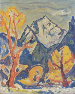 Werkverzeichnis Nr. 1282, um 1982, Zwei Bäume vor einem Bergmassiv, Öl auf Karton, 44,5 x 59,3 cm