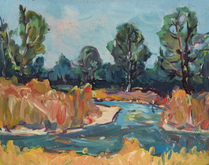 Werkverzeichnis Nr. 1244, um 1982, Landschaft an der Amper, Acryl auf Karton, 56,5 x 71,0 cm