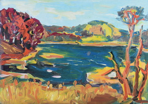 Werkverzeichnis Nr. 1231, um 1982, Voralpensee , Öl auf Karton, 57,0 x 80,3 cm