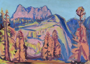 Werkverzeichnis Nr. 1275, um 1982, Bergmassiv mit Lerchen, Öl auf Karton, 57,2 x 80,0 cm