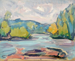 Werkverzeichnis Nr. 1245, um 1982, Flusslandschaft Isar, Acryl / Mischtechnik auf Karton, 24,8 x 30,7 cm
