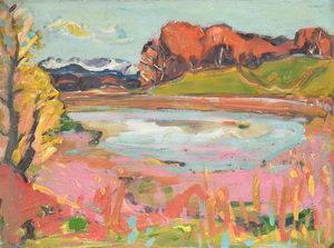 Werkverzeichnis Nr. 1227, um 1982, Ostersee, Frühjahr, Öl auf Hartfaser, 59,5 x 79,8 cm