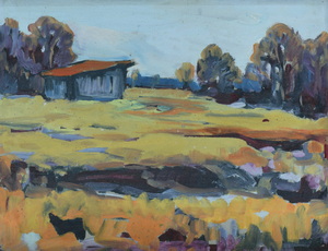 Werkverzeichnis Nr. 1255, um 1982, Dachauer Moos mit einer Hütte, Öl auf Karton, 38,2 x 49,0 cm
