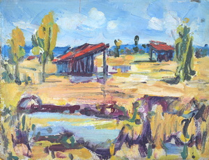 Werkverzeichnis Nr. 1256, um 1982, Dachauer Moos, Öl auf Karton, 34,7 x 45,5 cm
