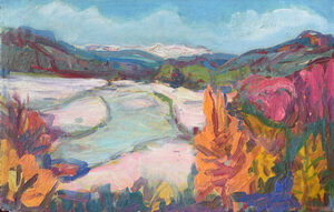 Werkverzeichnis Nr. 1247, um 1982, Isar mit weißen Kiesbänken, Öl auf Karton, 39,6 x 60,5 cm