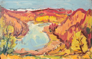 Werkverzeichnis Nr. 1246, um 1982, Isarschleife, Öl auf Karton, 40,5 x 61,0 cm