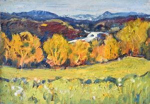 Werkverzeichnis Nr. 1248, um 1982, Blick auf die Isar mit Bäumen, Öl auf Karton, 40,7 x 58,0 cm