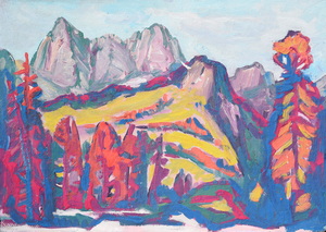 Werkverzeichnis Nr. 1276, um 1982, Bergmassiv mit Lerchen, Öl auf Karton, 57,2 x 80,0 cm