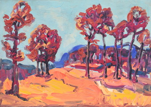 Werkverzeichnis Nr. 1262, um 1982, Bäume in bergiger Landschaft, Öl auf Karton, 57,0 x 80,0 cm
