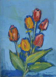 Werkverzeichnis Nr. 1289, um 1982, Tulpen vor blauer Wand, Öl auf Karton, 33,7 x 25,2 cm