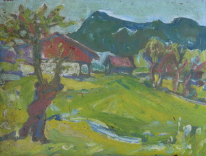 Werkverzeichnis Nr. 1283, um 1982, Bergalm, Öl auf Karton, 36,7 x 49,1 cm