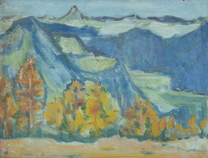 Werkverzeichnis Nr. 1284, um 1982, Blick auf den Königsee und die Schönfeldspitze vom Brandkopf, Öl auf Karton, 37,2 x 48,2 cm