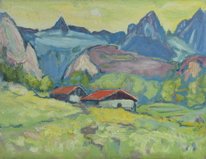 Werkverzeichnis Nr. 1285, um 1982, Alm mit Blick auf die Schönfeldspitze, Öl auf Karton, 37,3 x 48,5 cm