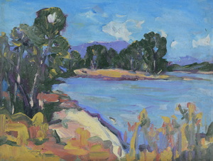 Werkverzeichnis Nr. 1228, um 1982, See mit Bäumen, Öl auf Karton 37,3 x 48,8 cm