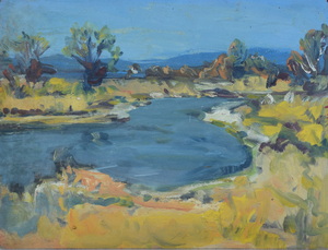 Werkverzeichnis Nr. 1234, um 1982, Flusslauf in flacher Landschaft , Öl auf Karton, 37,6 x 48,4 cm