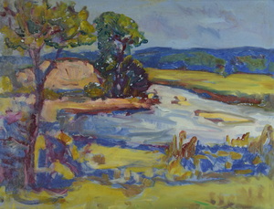 Werkverzeichnis Nr. 1236, um 1982, Flusslauf im Voralpengebiet , Öl auf Karton, 37,7 x 48,5 cm