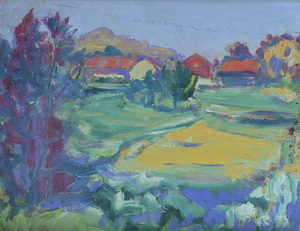 Werkverzeichnis Nr. 1258, um 1982, Häuser in hügeliger Landschaft, Öl auf Karton, 37,7 x 48,6 cm