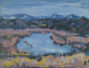 Werkverzeichnis Nr. 1229, um 1982, Voralpensee, Öl auf Karton 37,7 x 49,0 cm