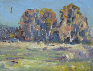 Werkverzeichnis Nr. 1266, um 1982, Bäume in flacher Landschaft, Öl auf Karton, 37,8 x 48,0 cm