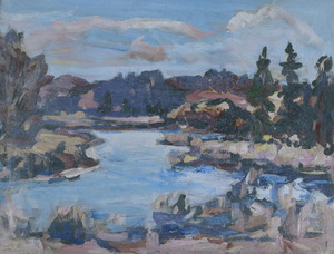 Werkverzeichnis Nr. 1232, um 1982, Gewässer vor einer Bergkette , Öl auf Karton, 37,8 x 48,8 cm