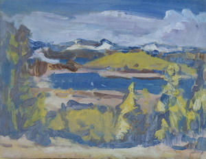 Werkverzeichnis Nr. 1230, um 1982, Voralpensee mit Bäumen, Öl auf Karton 37,9 x 48,4 cm