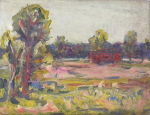 Werkverzeichnis Nr. 1254, um 1982, Dachauer Moos mit einer Hütte und Bäumen, Öl auf Karton, 38,2 x 49,0 cm