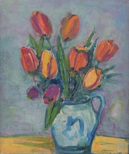 Werkverzeichnis Nr. 1287, um 1982, Tulpen in hellblauem Krug, Öl auf Karton, 46,3 x 40,5 cm