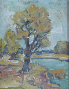 Werkverzeichnis Nr. 1243, um 1982, Bäume an einem Bach, Öl auf Karton, 47,7 x 38,0 cm