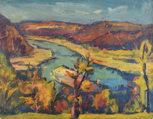 Werkverzeichnis Nr. 1249, um 1982, Blick auf die Isar, Öl auf Hartfaser, 54,8 x 69,7 cm