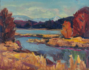 Werkverzeichnis Nr. 1233, um 1982, Gewässer in den Voralpen , Öl auf Hartfaser, 56,5 x 71,2 cm
