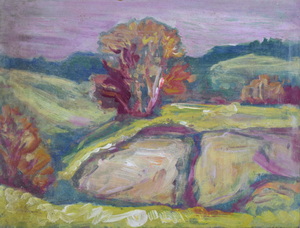 Werkverzeichnis Nr. 1261, um 1982,  Bäume in hügleliger Landschaft, Öl auf Karton, 37,4 x 48,6 cm
