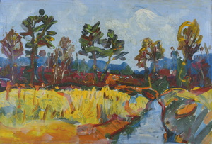 Werkverzeichnis Nr. 1242, um 1982, Wassergraben mit Bäumen, Öl auf Karton, 40,3 x 58,5 cm