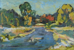 Werkverzeichnis Nr. 1235, um 1982, Fluss mit Bäumen , Öl auf Karton, 40,3 x 58,5 cm