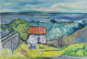 Werkverzeichnis Nr. 1336, um 1983, Steinhaus mit Mauern, Blick auf das Mittelmeer in Südfrankreich, Öl auf Karton, 50,4 x 74,2 cm