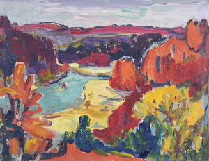 Werkverzeichnis Nr. 1293, um 1983, Isar mit Georgenstein,  Öl auf Hartfaser, 55,3 x 71,5 cm
