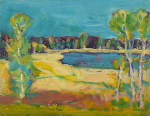 Werkverzeichnis Nr. 1300, um 1983, See mit Bäumen und Wald, Acryl auf Karton, 24,8 x 32,3 cm