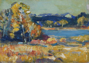 Werkverzeichnis Nr. 1301, um 1983, See mit Bäumen und Wald, Öl auf Karton, 24,9 x 35,6 cm