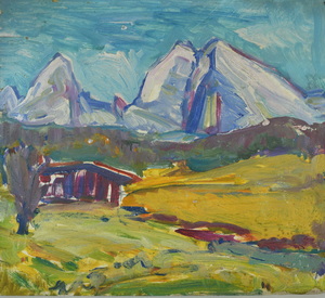 Werkverzeichnis Nr. 1322, um 1983, Watzmann mit Hütte, Öl auf Karton, 28,3 x 31,8 cm
