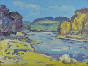 Werkverzeichnis Nr. 1295 um 1983, Isar,   Öl auf Karton, 37,2 x 48,9 cm