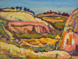 Werkverzeichnis Nr. 1337, um 1983, Südfrankreich, Berglandschaft mit Bäumen, Öl auf Karton, 37,5 x 48,5 cm