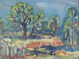 Werkverzeichnis Nr. 1302, um 1983, Bäume mit kleinem Teich, Acryl, Öl auf Karton, 35,5 x 49,2 cm