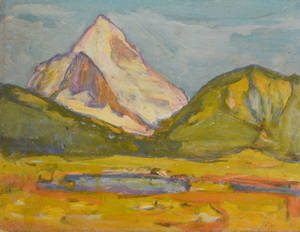 Werkverzeichnis Nr. 1326,  1983, Bergmassiv mit See, Öl auf Karton, 37,8 x 49,0 cm