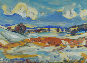 Werkverzeichnis Nr. 1319,  1983, Voralpenlandschaft im Winter, Öl auf Karton, 38,2 x 35,0 cm