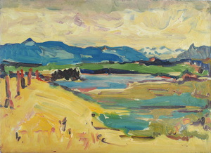 Werkverzeichnis Nr. 1303, um 1983, Froschsee  mit Wettersteingebirge und Ettaler Mandl, Öl auf Karton, 38,7 x 53,3 cm