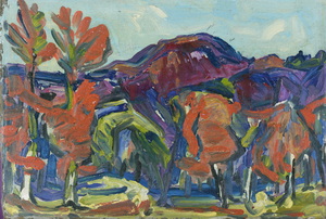 Werkverzeichnis Nr. 1333, um 1983, Baumreihe vor Bergen, Öl auf Hartfaser, 40,0 x 59,0 cm