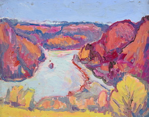 Werkverzeichnis Nr. 1294, um 1983, Isar mit Georgenstein, Öl auf Hartfaser, 56,5 x 71,0 cm